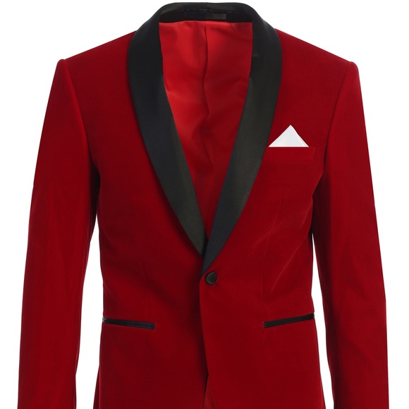Men's Premium Slim Fit Red with Black Shawl Lapel Velvet Tuxedo Jacket - Picture 4 of 4